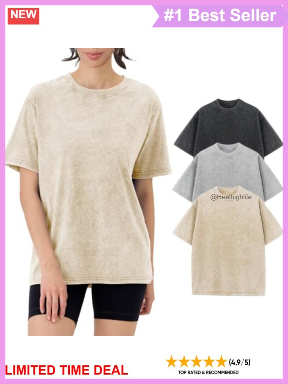 3 Pack Acid Washed Oversized T Shirts Cotton Crew Neck